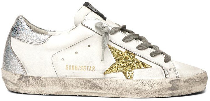 Superstar Sneaker in White Leather/Gold Glitter Star/Silver