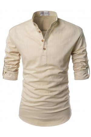 Mens Beige Henley Mandarin Collar Roll-up Long Sleeved Linen Shirts