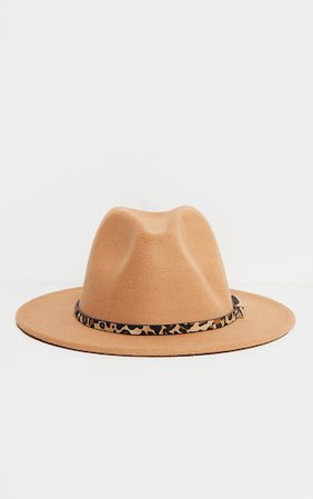 Camel Leopard Trim Fedora Hat | Accessories | PrettyLittleThing