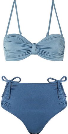 Leslie Amon - Thea Ruched Two-tone Bandeau Bikini - Blue