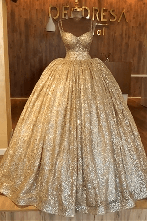 Spaghetti Straps Gold Beaded Lace Evening Dress | Luxury Ball Gown Princess Open Back Prom Dress | Babyonlinewholesale