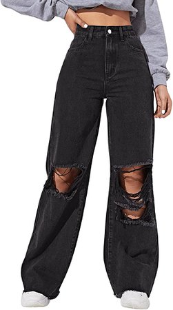 SweatyRocks Women's High Waist Distressed Ripped Baggy Loose Denim Jeans Blue S at Amazon Women's Jeans store