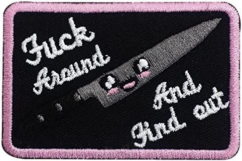 Amazon.com: PatchKingdom F-ck Around and Find Out Letter Embroidered Iron on Sew Patch Funny Punk Biker Emblem Smile with Knife Armband for Shirts Jeans Hats Backpack Applique (Pink on), 5X8CM/2X3INCH : Arts, Crafts & Sewing