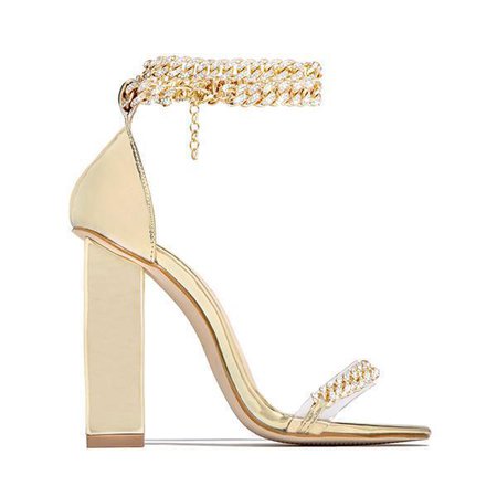 Floralmoda Gold-Tone Chain Embellished Ankle Strap Chunky Heels - floralmoda