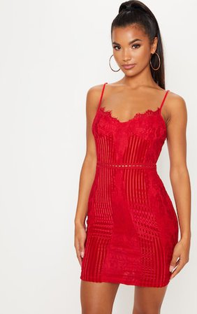 Red Strappy Lace Velvet Insert Bodycon | PrettyLittleThing