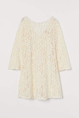 Trumpet-sleeved Lace Dress - White