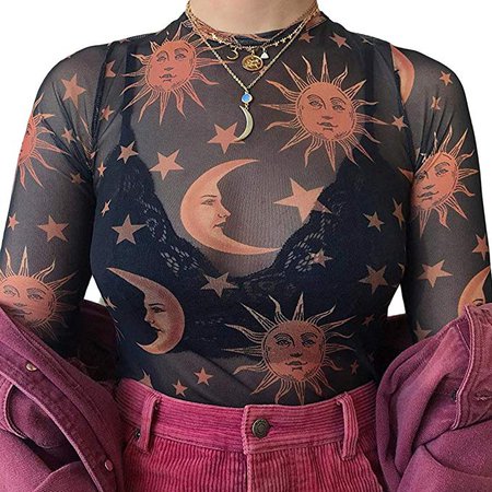 MIZOK Women's Long Sleeve See Through Shirts Star Printed Mesh Crop Tops Tee at Amazon Women’s Clothing store