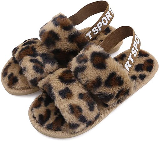 Amazon.com | Women's House Fuzzy Slipper Fluffy Sandals Slides Leopard Print Soft Warm Comfy Cozy Bedroom Open Toe House Indoor Outdoor Slippers Sandals with Elastic Strap (Brown Leopard, Numeric_7_Point_5) | Slippers
