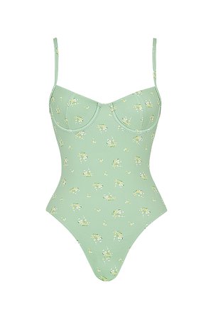Clothing : Swimwear : 'Aguilla' Olive Floral Print Underwired Swimsuit