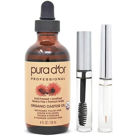 Amazon.com: PURA D'OR Organic Castor Oil (4oz + 2 BONUS Pre-Filled Eyelash & Eyebrow Brushes) 100% Pure, Cold Pressed, Hexane Free Growth Serum For Fuller, Thicker Lashes & Brows, Moisturizes & Cleanses Skin : Health & Household