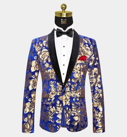 Gentleman's Guru Royal Blue & Gold Velvet Tuxedo Jacket with Sequins