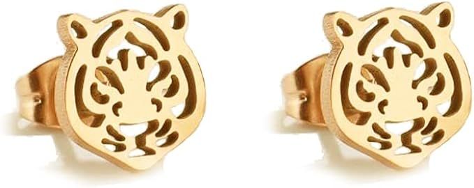 Amazon.com: Simple Tiger Head Stud Earrings Stainless Steel for Women Teen Girls Hollow Animal Cartilage Pierced Hypoallergenic Studs Earring Cute Jewelry Gifts (Gold): Clothing, Shoes & Jewelry