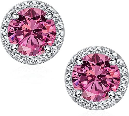 Amazon.com: Pink Birthstone Stud Earrings for Women Wife, 18K White Gold Plated S925 Sterling Silver Halo Round Cut Gemstone Earrings Pink Corundum October Birthstone Earrings Anniversary Birthday Jewelry Gifts: Clothing, Shoes & Jewelry