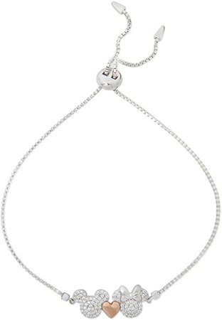 Amazon.com: Disney Mickey and Minnie Mouse Pave Cubic Zirconia Heart Lariat Bracelet, Two Tone, Sterling Silver: Clothing, Shoes & Jewelry