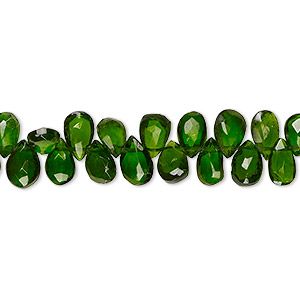 Bead, chrome diopside (natural), 5x4mm-7x5mm hand-cut top-drilled faceted puffed teardrop, B+ grade, Mohs hardness 5-1/2 to 6. Sold per 4-inch strand, approximately 35 beads. - Fire Mountain Gems and Beads