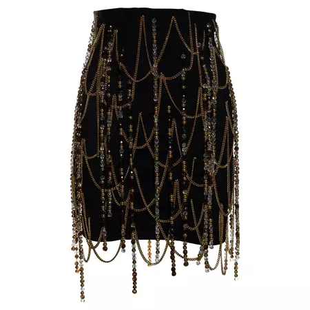 Dolce and Gabbana black corseted mini skirt with gold chains and beads, ss 1991 For Sale at 1stDibs