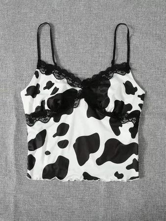 Lace Trim Cow Print Cami Top | SHEIN USA black white