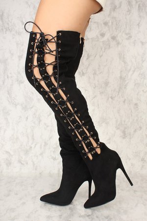 Sexy Black Double Lace Up Pointy Close To Thigh High Boots Faux Suede
