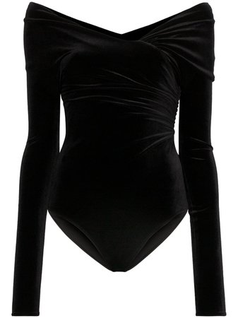 Black Alexandre Vauthier Bardot Ruched Velvet Bodysuit | Farfetch.com