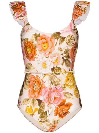 Zimmermann Ruffle-Trimmed Floral-Print Swimsuit 7045WBON Floral & Cream | Farfetch