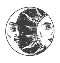 Vintage sun and crescent moon with face Royalty Free Vector