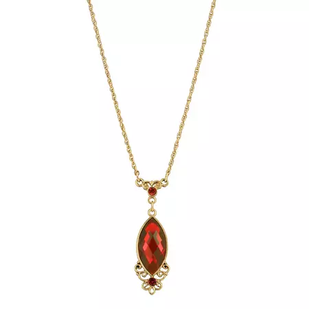 1928 Gold Tone Filigree & Red Simulated Crystal Pendant Necklace