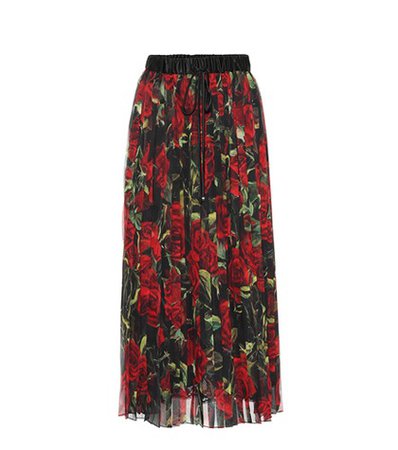 Floral pleated silk-blend skirt