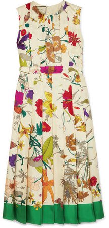 Pleated Floral-print Silk Midi Dress - Ivory