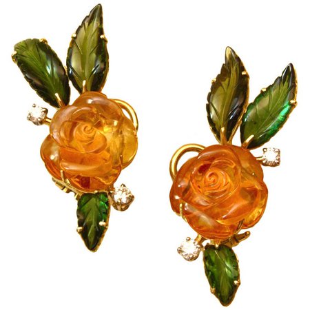 Hand-Carved Citrine and Tourmaline Flower Clip-On Earrings