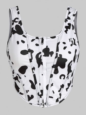 [35% OFF] 2021 Cow Print Double Zip Detail Corset Top In WHITE | ZAFUL