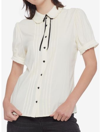 Antique White Ruffle Bow Girls Woven Button-Up | Hot Topic
