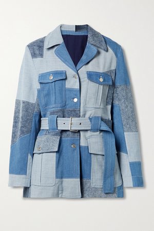 Mid denim + NET SUSTAIN belted patchwork organic denim jacket | Stella McCartney | NET-A-PORTER