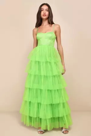 Lime Green Tulle Dress - Tiered Maxi Dress - Bustier Maxi Dress - Lulus