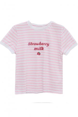 STRAWBERRY MILK Letter Printed Round Neck Short Sleeve Striped Tee - Beautifulhalo.com