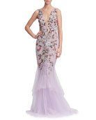 Marchesa Off-the-Shoulder Floral Tulle Evening Gown