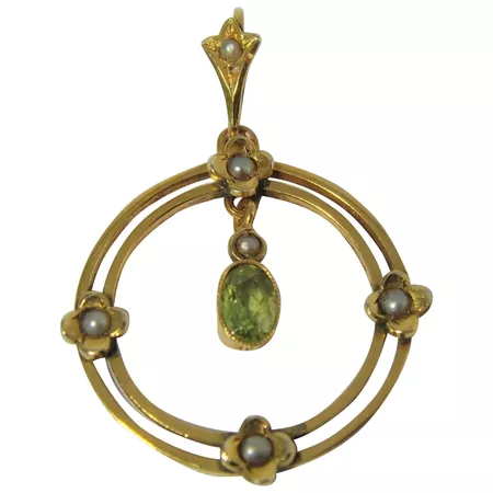 Antique Edwardian gold peridot and pearl pendant : Syren Antiques Birmingham UK | Ruby Lane
