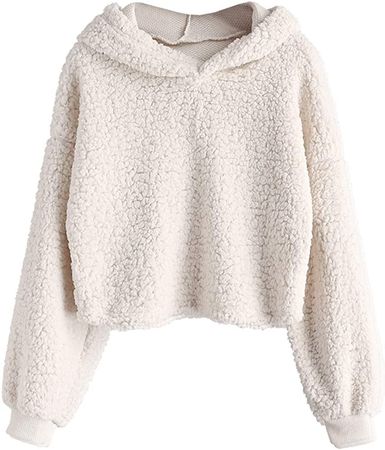 ZAFUL Women's Long Sleeve Hoodie Faux Fur Solid Color Crop Pullover Sweatshirt Tops at Amazon Women’s Clothing store