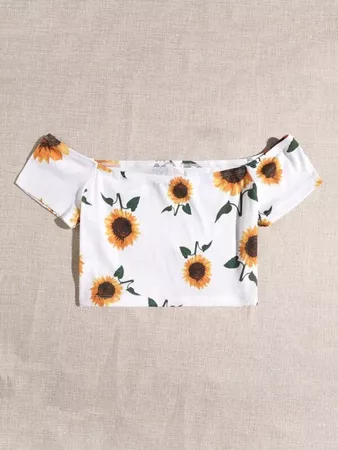 Off Shoulder Sunflower Print Tee | SHEIN USA white