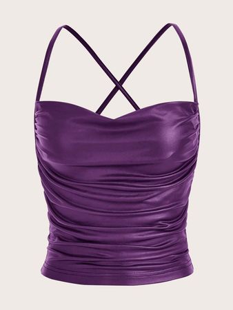 Purple Draped Leather/Satin Halter Top