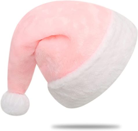 Amazon.com: Chisander Santa Hats, Christmas Hat for Adults, Unisex Pink Plush with White Cuffs Fabric Xmas Hat for Christmas New Year Festive Party Supplies : Home & Kitchen