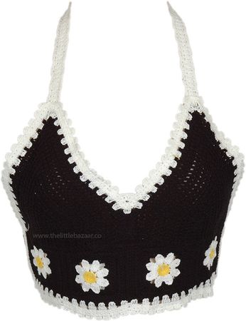 Daisy Black Floral Crochet Bralette Top | Tunic-Shirt | Black | Sleeveless, Crochet-Clothing,Beach