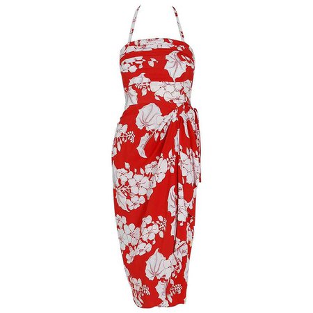 Kamehameha Hawaiian Red and White Tropical Floral Rayon Halter Dress Set, 1940s For Sale at 1stdibs