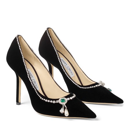 Black Velvet Pointy Toe Pumps with Crystal Mix Necklace Detail |LOVE 100| Autumn Winter 19| JIMMY CHOO