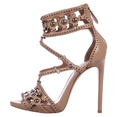 Alaia NEW Nude Tan Leather Gunmetal Stud Strappy Evening Sandals Heels For Sale at 1stdibs