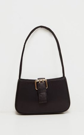 Black Satin Buckle Front Shoulder Bag | PrettyLittleThing