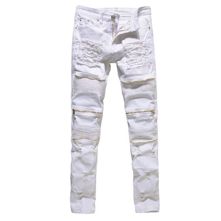 Frecoccialo - Men Stylish Ripped Jeans Pants Biker Skinny Slim Straight Denim Trousers Zipper - Walmart.com - Walmart.com