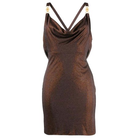 Versace Brown Crystal Embellished Open Back Draped Mini Cocktail Dress Size 40 For Sale at 1stDibs