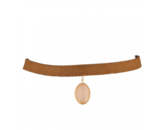 Tan Thick Suede and Pink Oval Stone Choker Necklace