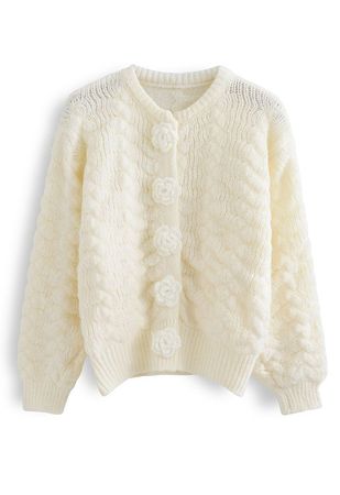 Flowers Button Down Embossed Bubble Sleeves Cardigan in White - Retro, Indie and Unique Fashion