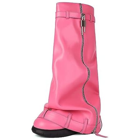 Amazon.com | Women's Fold Over Knee High Boots Covered Wedge Heel Almond Toe Padlock Pink Boot Wide Calf Pull-on Shoe | Knee-High